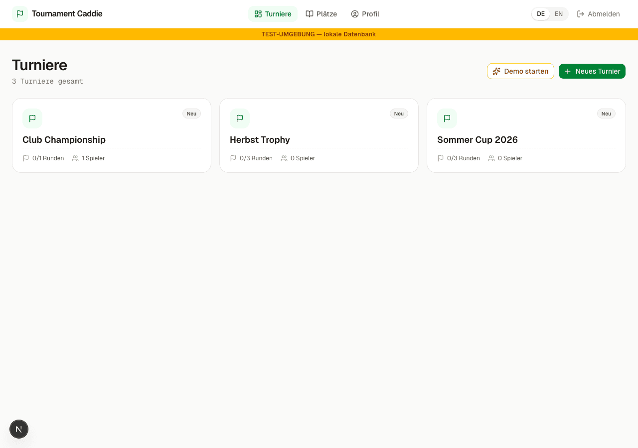 Tournament Caddie admin dashboard with tournament list